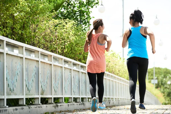 Vista Posteriore Amiche Che Fanno Jogging Mattino Insieme — Foto Stock