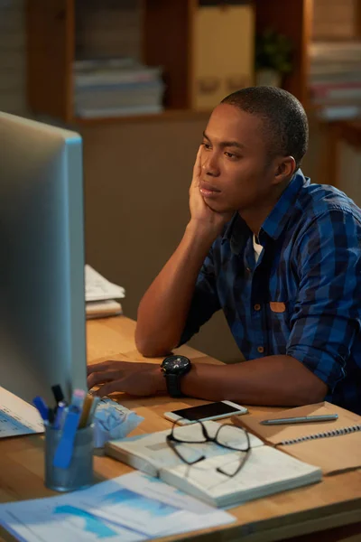 Hard Working University Student Working Computer Late Night — Stock Photo, Image