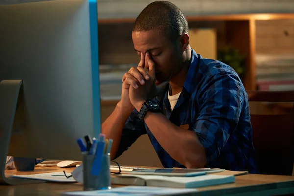 Tired Young Man Sitting Front Computer — Stock Photo, Image