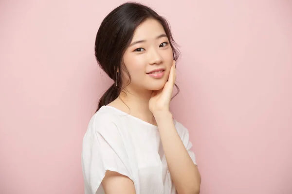 Portrait Young Asian Girl Touching Her Perfect Skin — Stock Photo, Image