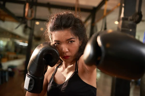 Mladá Žena Fighter Boxerské Rukavice Bít — Stock fotografie