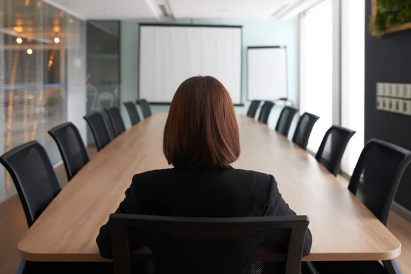 Rear view of busines lady sitting at head of the meeting table