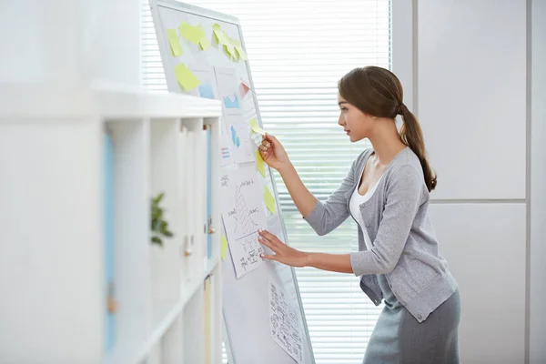 Gestora Financiera Femenina Leyendo Notas Pizarra Blanca Oficina — Foto de Stock