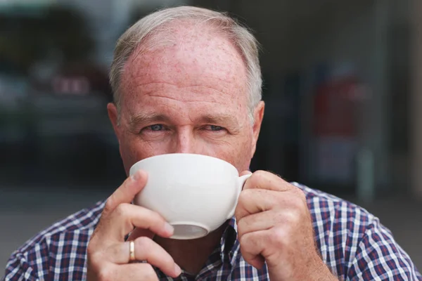 Rosto Homem Meia Idade Bebendo Café Pela Manhã — Fotografia de Stock