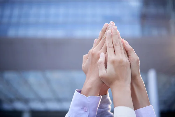 Business Medarbetare Att Göra Pyramid Med Sina Händer För Att — Stockfoto