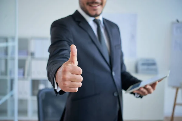 Businessman Gesturing Thumbs Holding Digital Tablet — Stock Photo, Image