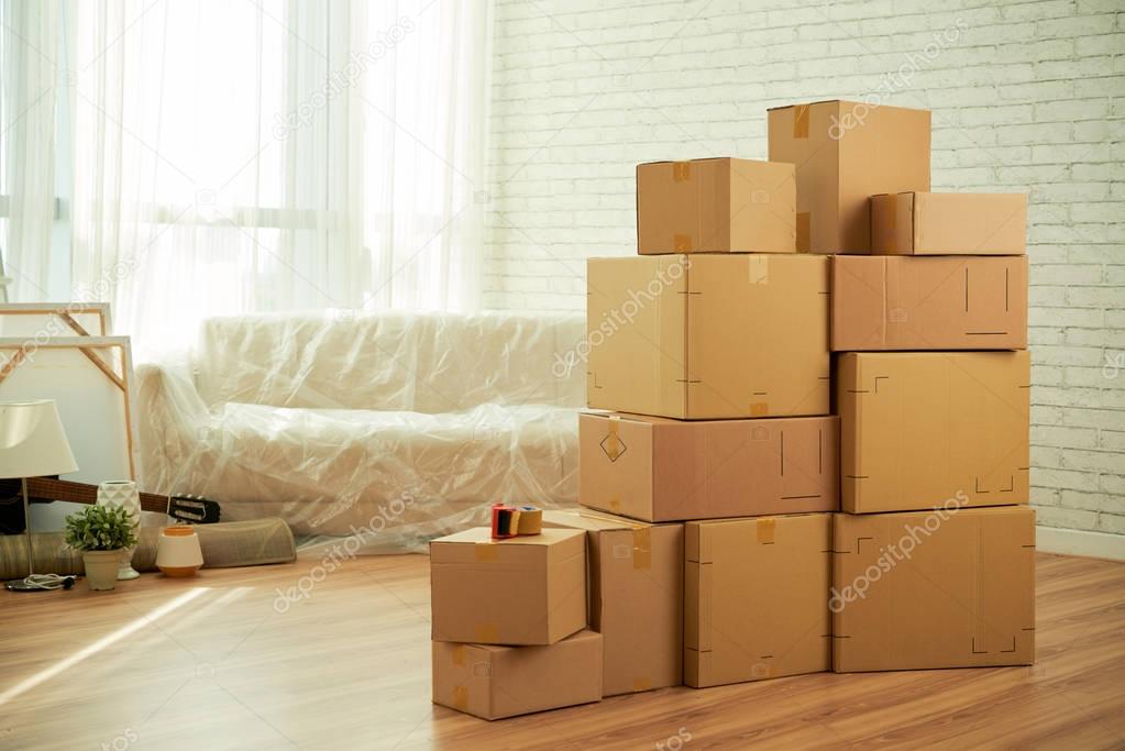 apartment with carton package boxes for moving 