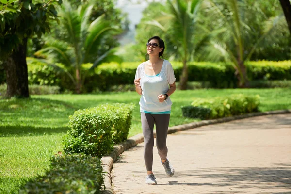 Portrait Cheerful Asian Woman Running Jogging Workout Park Sunny Day — Stock Photo, Image