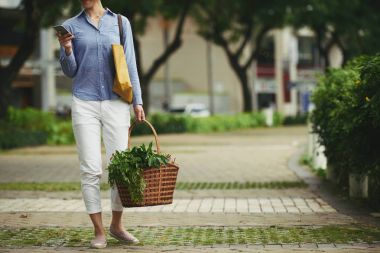 Taze gıda ve smartphone açık havada duran sepeti kadınla