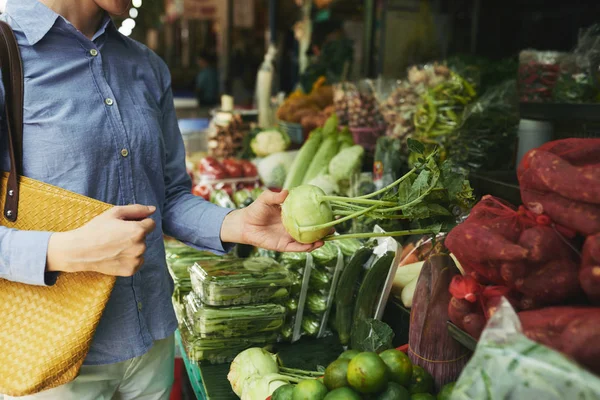 Mãos Mulher Comprando Couve Rábano Orgânico Fresco Mercado Alimentos — Fotografia de Stock