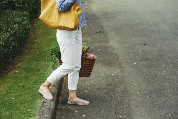 带购物篮和钱包在户外散步的妇女 — 图库照片