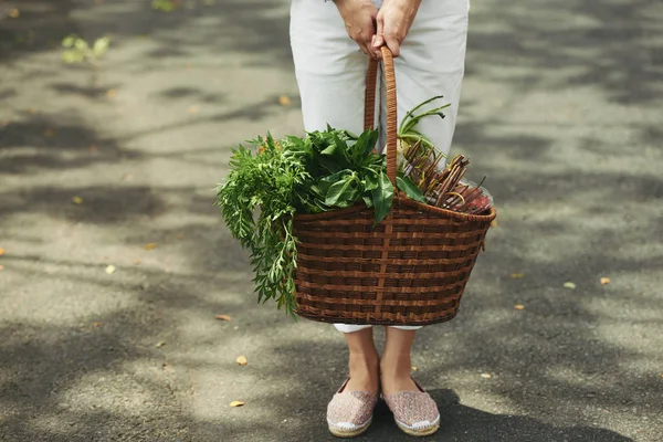 Imagen Recortada Mujer Con Cesta Llena Verduras Frescas —  Fotos de Stock