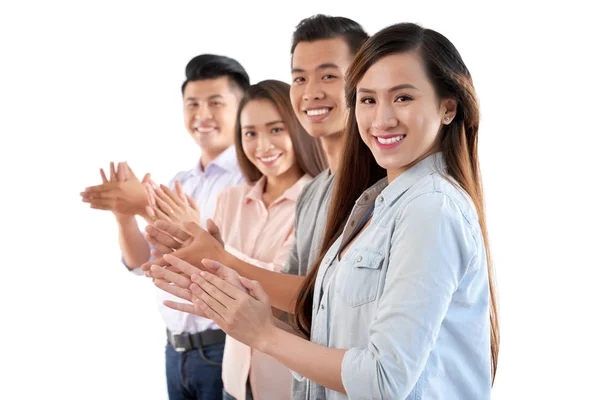 Impressed Young Coworkers Clapping Looking Camera — Stock Photo, Image