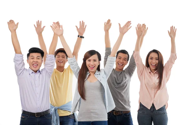 Happy Excited Colleagues Rising Hands Shouting Royalty Free Stock Photos