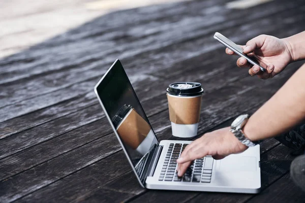 Hands Freelancer Working Laptop Checking Smartphone — Stock Photo, Image