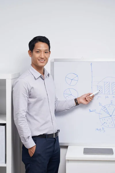 Smiling Young Financial Manager Showing Charts Graphs Whiteboard — Stock Photo, Image