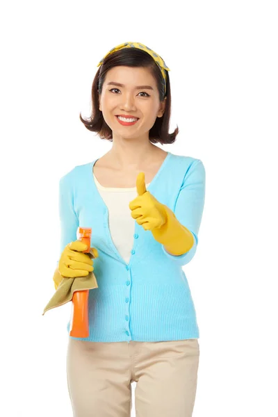 Beautiful Young Housewife Wearing Rubber Gloves Showing Thumb — Stock Photo, Image