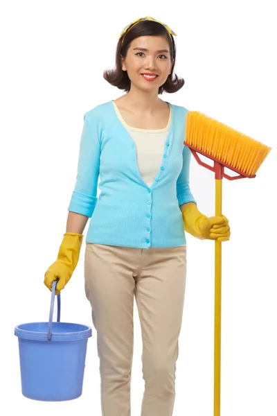 Asian Housekeeper Charming Smile Holding Broom Bucket Hands Isolated White — Stock Photo, Image