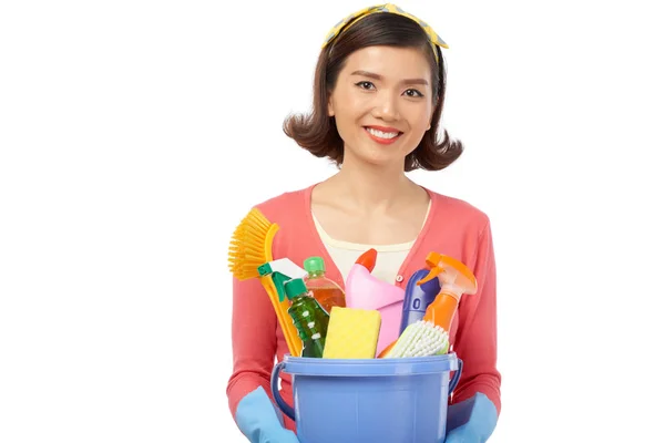 Asian Woman Wearing Rubber Gloves Holding Bucket Cleaning Utensils Completion — Stock Photo, Image