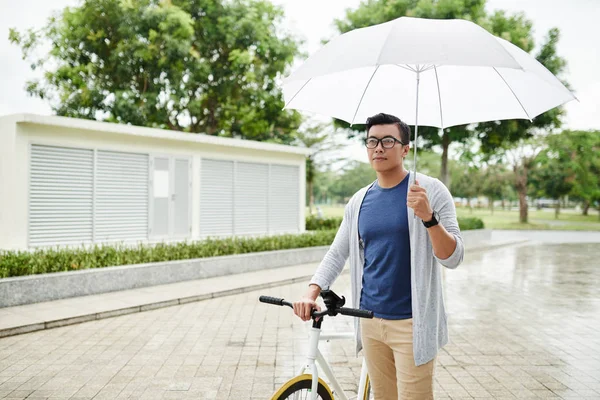 Portrait Stylish Handsome Man Umbrella Bicycle — Stock Photo, Image