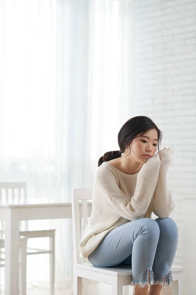 Sad Pensive Korean Girl Sitting Home — Stock Photo, Image