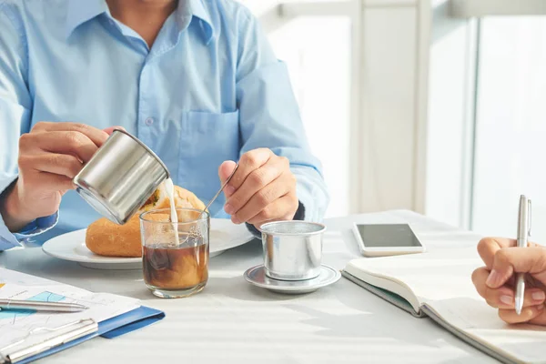 Cropped Image Businessman Pouring Milk His Coffee — Stock Photo, Image