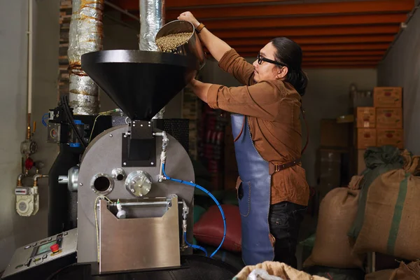 Roastery Owner Putting Container Green Coffee Beans Roaster — Stock Photo, Image