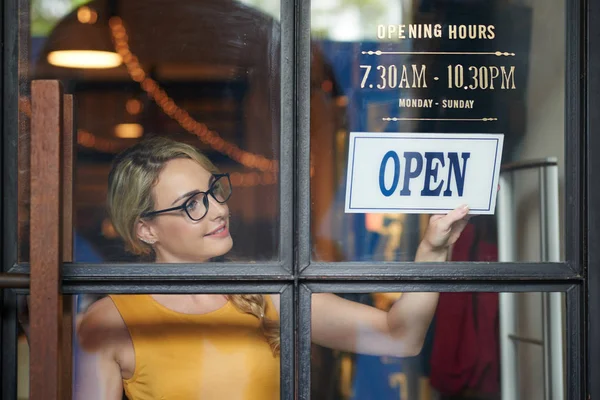 Attractive Blonde Woman Clothes Shop Closing Door — Stock Photo, Image