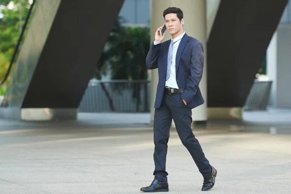 Exitoso Hombre Negocios Vietnamita Caminando Aire Libre Hablando Por Teléfono — Foto de Stock