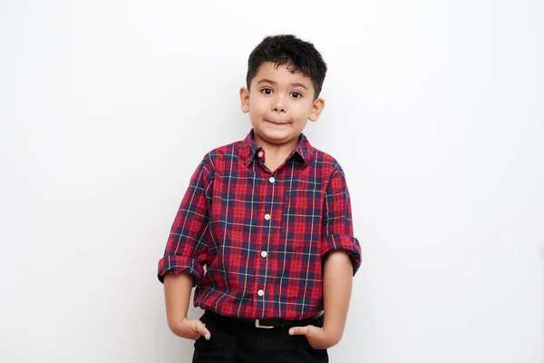 Portrait Funny Little Boy Red Blue Flannel Isolated White — Stock Photo, Image