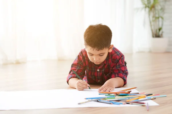 Talented Little Boy Lying Floor Light Room Drawing Pencils — Stock Photo, Image