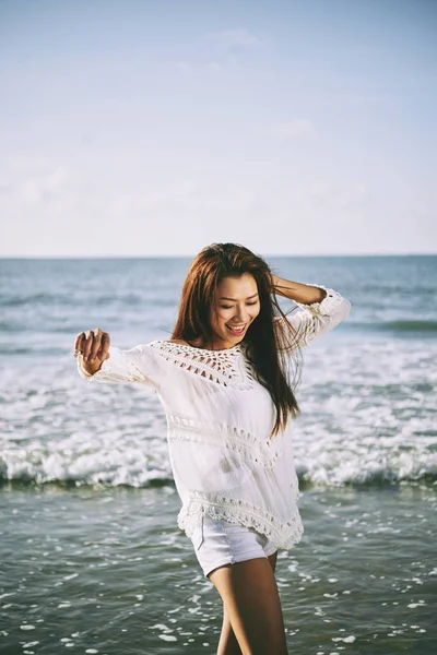 Happy Playful Girl Walking Beach — Stock Photo, Image