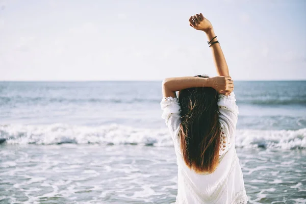 Rear View Young Woman Raising Arms Looking Sea — Stock Photo, Image