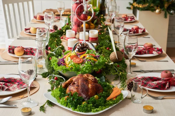 Comida Decorações Mesa Jantar Natal — Fotografia de Stock