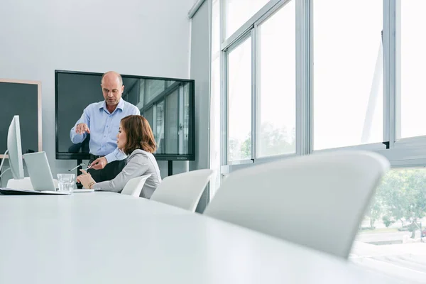 Führungskraft Erklärt Kollegin Die Arbeit — Stockfoto