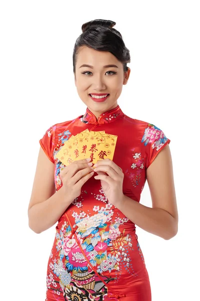 Portrait Asian Young Woman Holding Greeting Cards — Stock Photo, Image