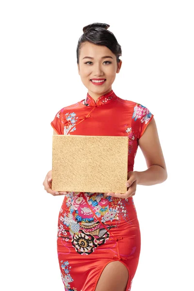 Pretty Asian Woman Traditional Dress Holding Present Tet Celebration — Stock Photo, Image