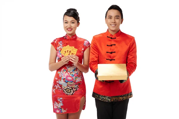 Smiling Young Couple Holding Greeting Cards Present Tet Celebration — Stock Photo, Image