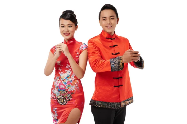 Lächelnd Schönes Asiatisches Paar Macht Handgeste Mit Tet Gratulieren — Stockfoto