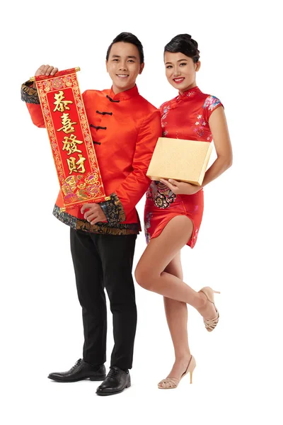 Smiling Asian Man Woman Presenting Gift Scroll Couplets Chinese New — Stock Photo, Image