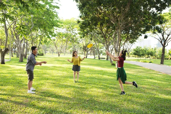 一群朋友在公园里玩飞盘 — 图库照片