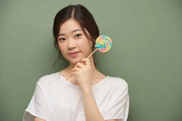 Beautiful Smiling Asian Girl Colorful Lollipop — Stock Photo, Image