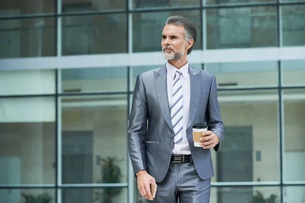 Portrait Businessman Take Out Coffee Standing Outdoors — Stock Photo, Image
