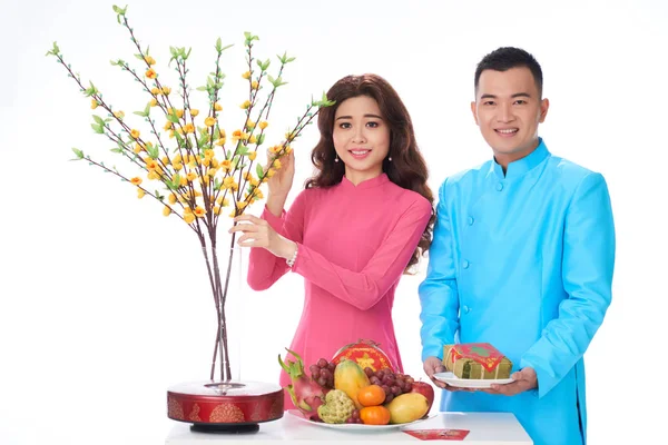 Cheerful Asian Couple Table Served Tet Celebration — Stock Photo, Image