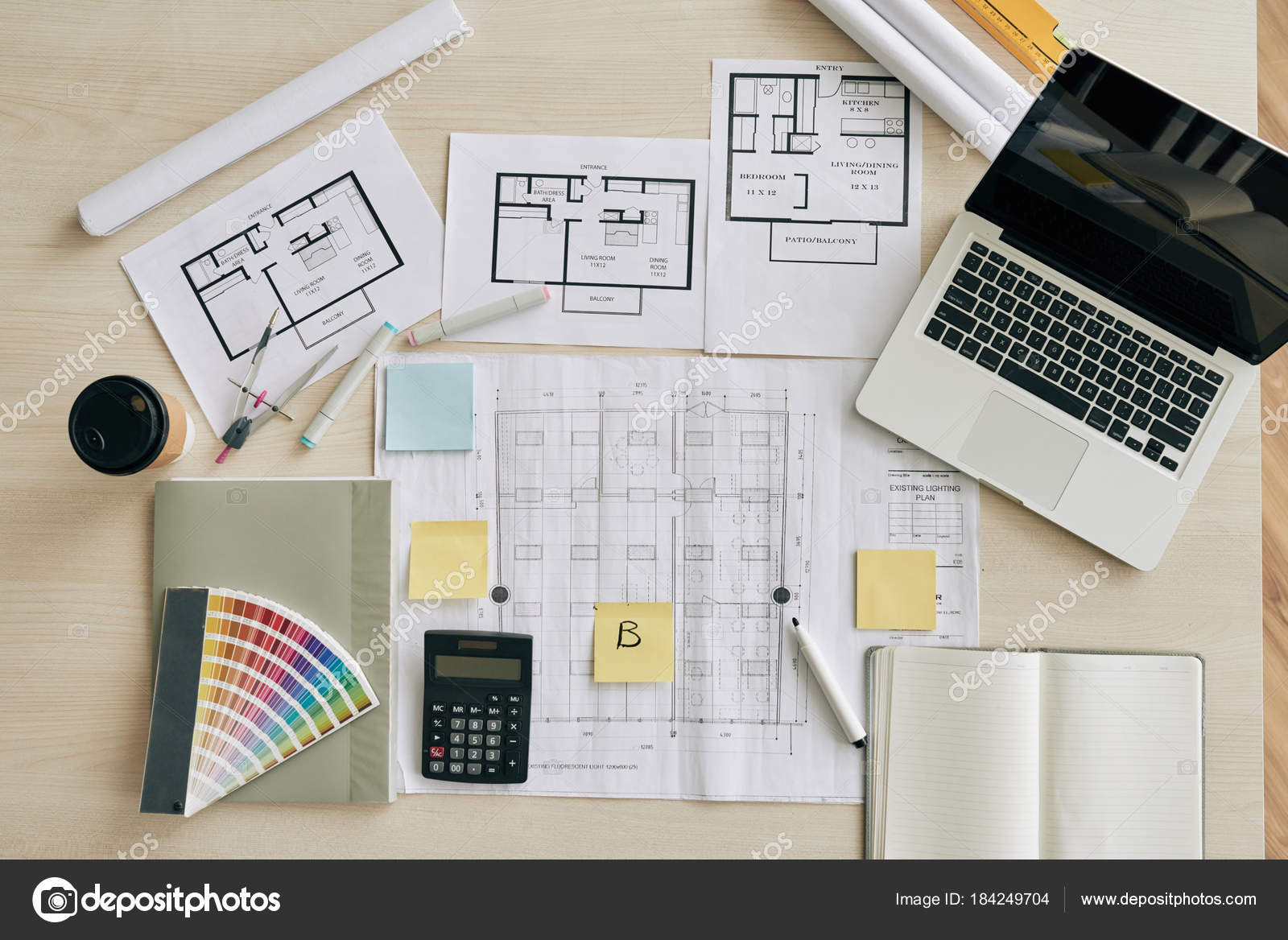 Plans Blueprints Table Interior Designer View Stock Photo by