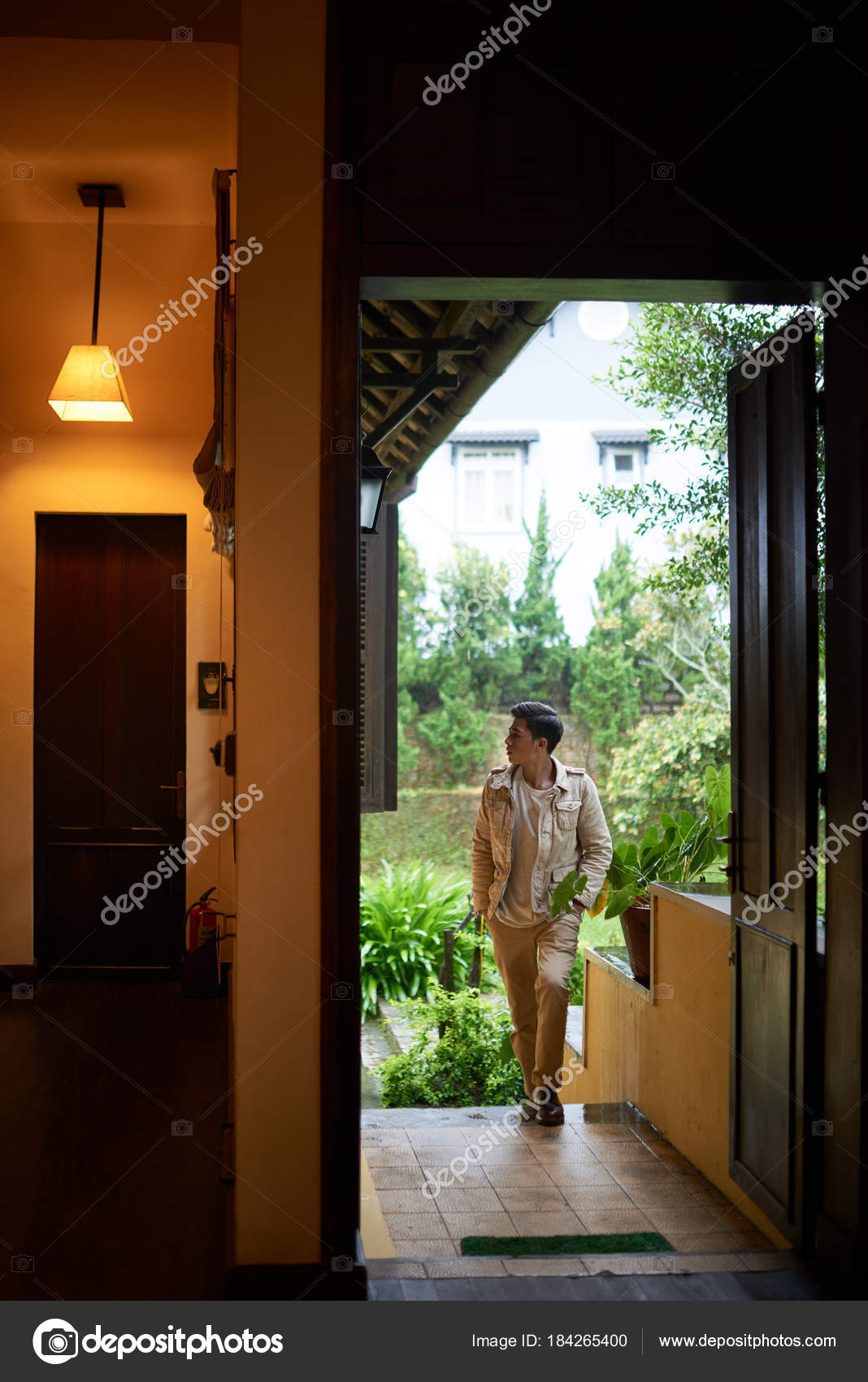 Vietnamese Young Man Walking Hotel Hall Stock Photo