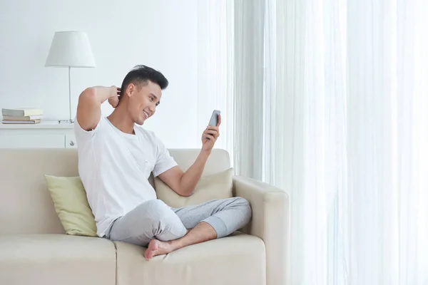 Handsome Young Man Reading Messages His Smartphone — Stock Photo, Image