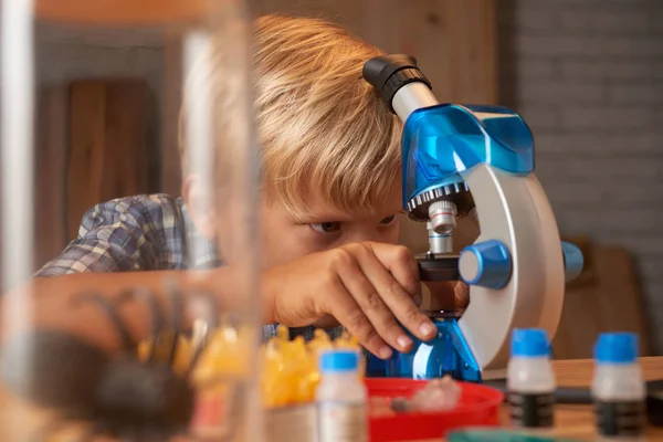 Malý Vědec Pomocí Mikroskopu Učit Nové Věci — Stock fotografie