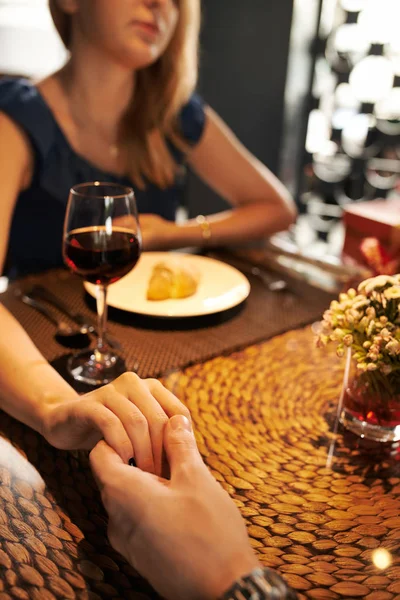 Man Touching Hand His Girlfriend Sitting Table Restaurant — Stock Photo, Image