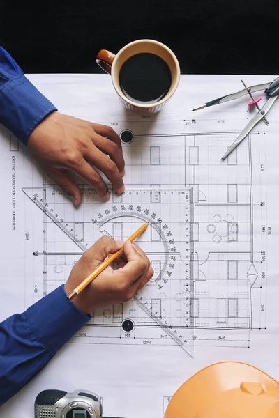 Hands Engineer Checking Blueprint Ruler — Stock Photo, Image